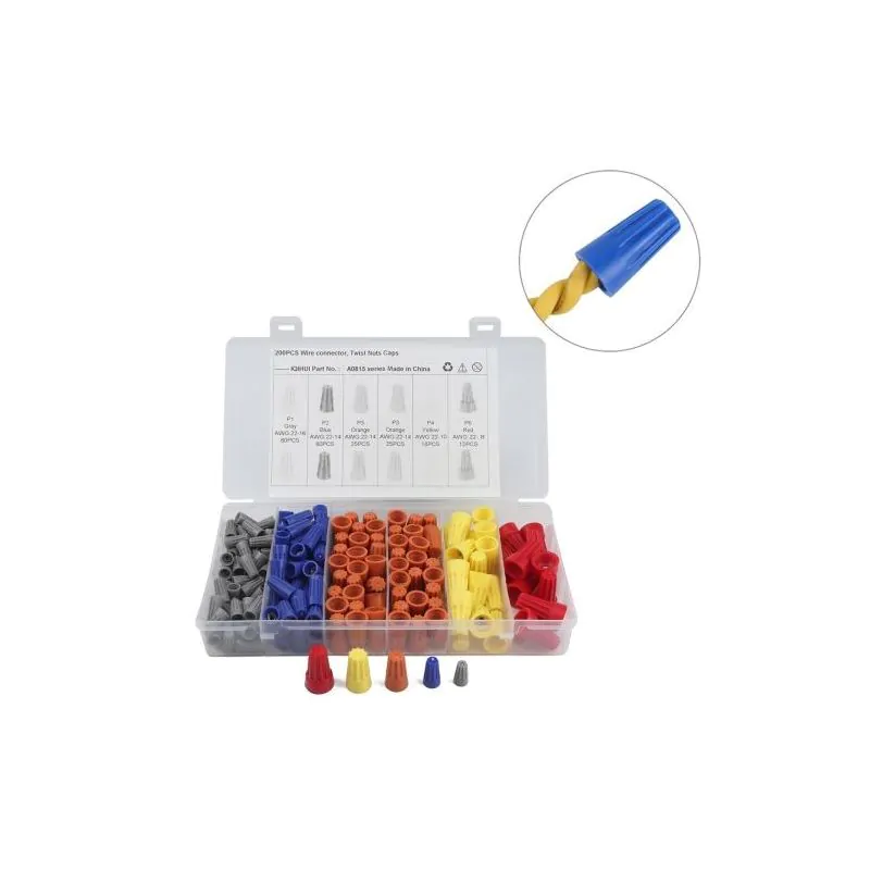 200PC Wire Nut Connectors Assortment Kit, Gray, Blue, Orange, Yellow, Red