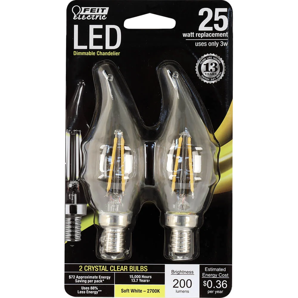 25W Equivalent LED Flame Tip Bulb Soft White 2700K E12 2-Pack