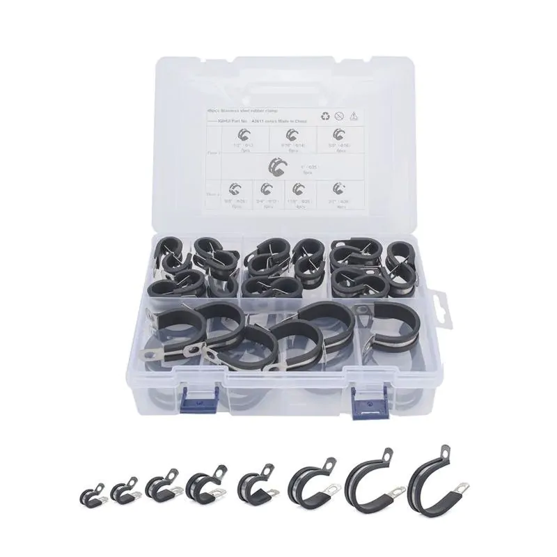 45pc Adel Rubber Cushioned Steel Cable Clamp Kit Set, 1/2 to 1-1/2 sizing.