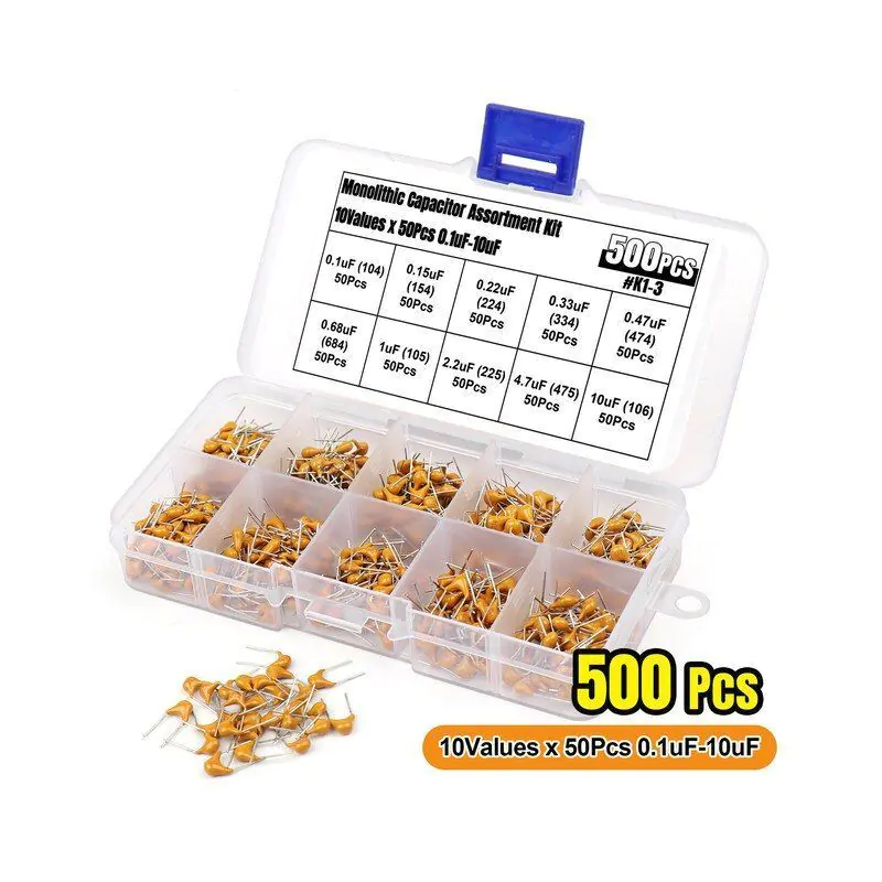 500pcs 10 Different Values 0.1uF-10uF Monolithic Disc Ceramic Capacitor Kit