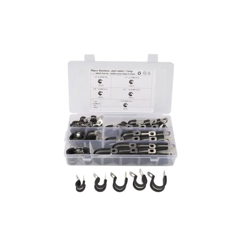 50pc Adel Rubber Cushioned Steel Cable Clamp Kit Set, 1/4 to 1 Inch sizing.