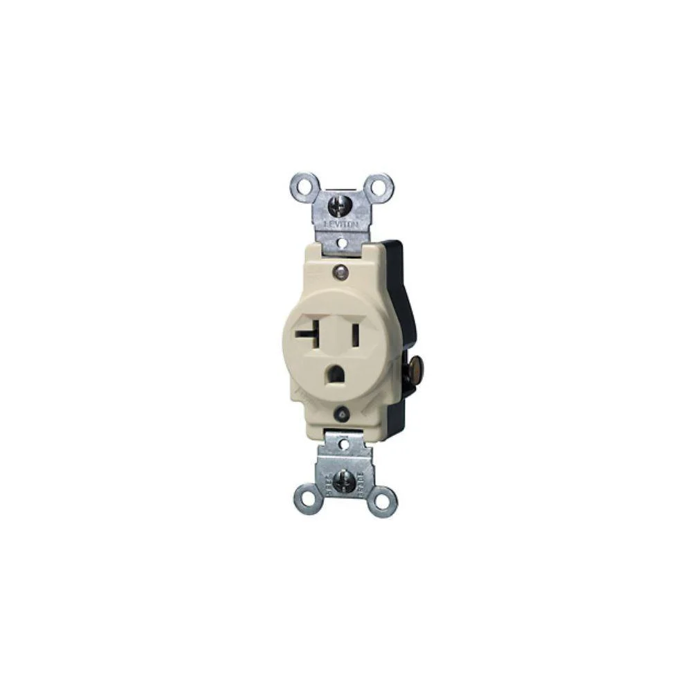 5801-I Leviton Single Receptacle Outlet, 20 Amp, 125 Volt, Side Wire, NEMA 5-20R, 2-Pole, 3-Wire, Grounding - Ivory
