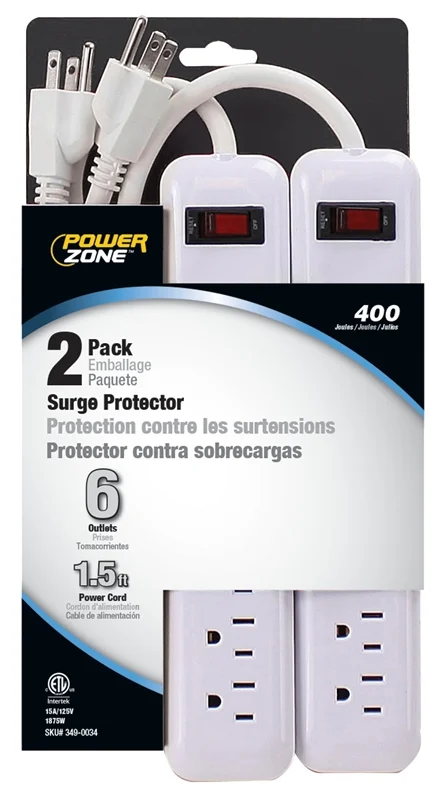 6-Outlet Surge Protector 400 Joules 1.5 ft Cord 2-Pack