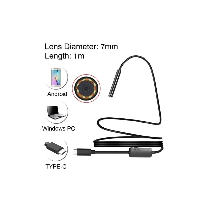 7mm Camera, USBC, USB-C and USB Connectors, IP68 Waterproof, Color Endoscope Borescope, Length: 3ft Flexable Cable. Includes Magnet, Hook, Mirror Attachments.