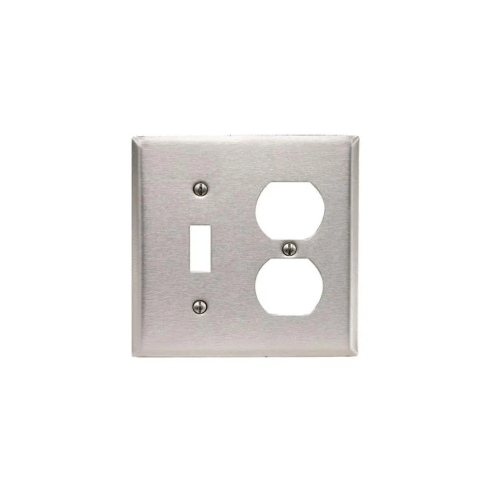 84005 Leviton 2-Gang 1-Toggle 1-Duplex Device Combination Wallplate, Standard Size, 430 Stainless Steel, Device Mount - Stainless Steel