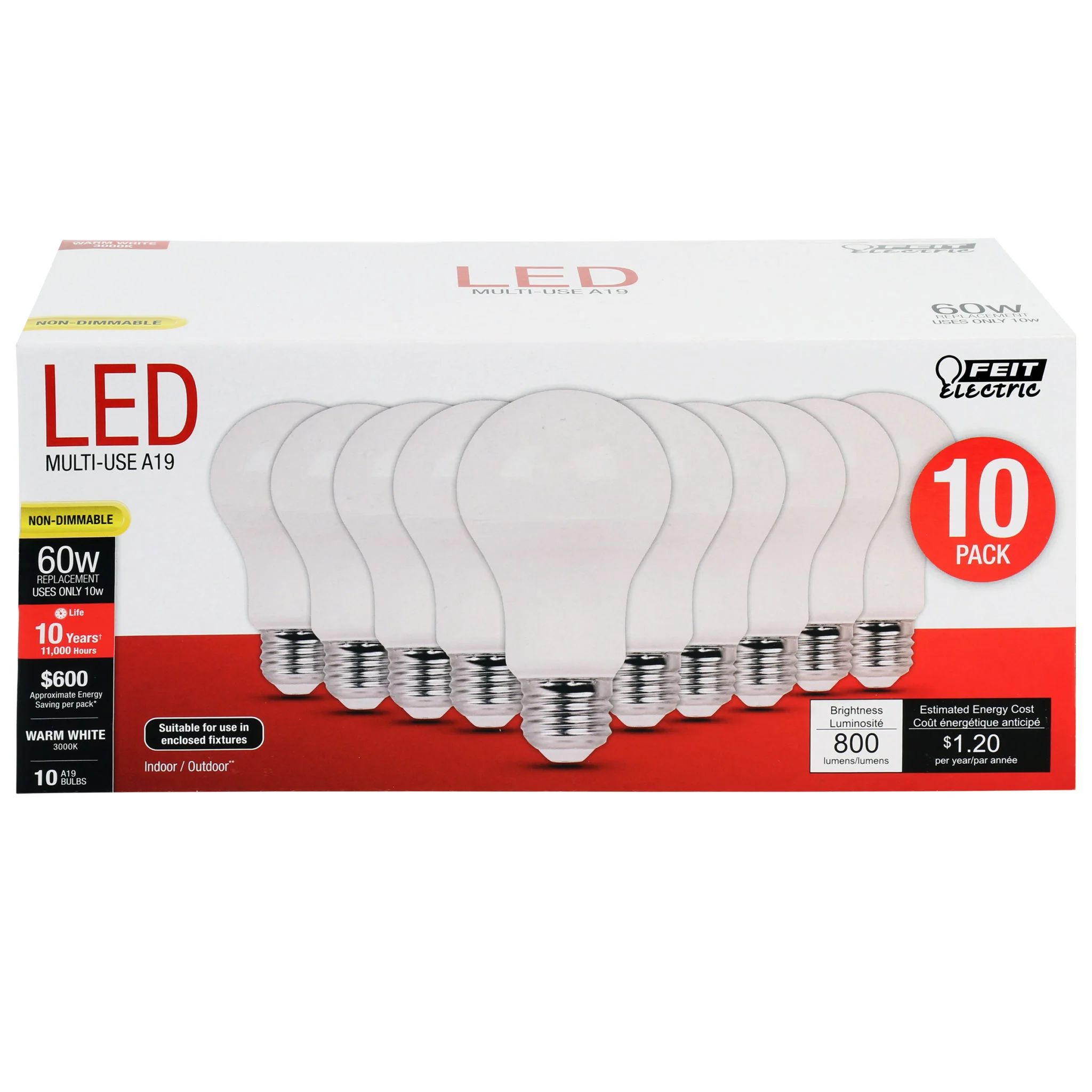 A19 LED Bulb 10W (60W Equivalent) 3000K E26 Medium Base, 10-Pack