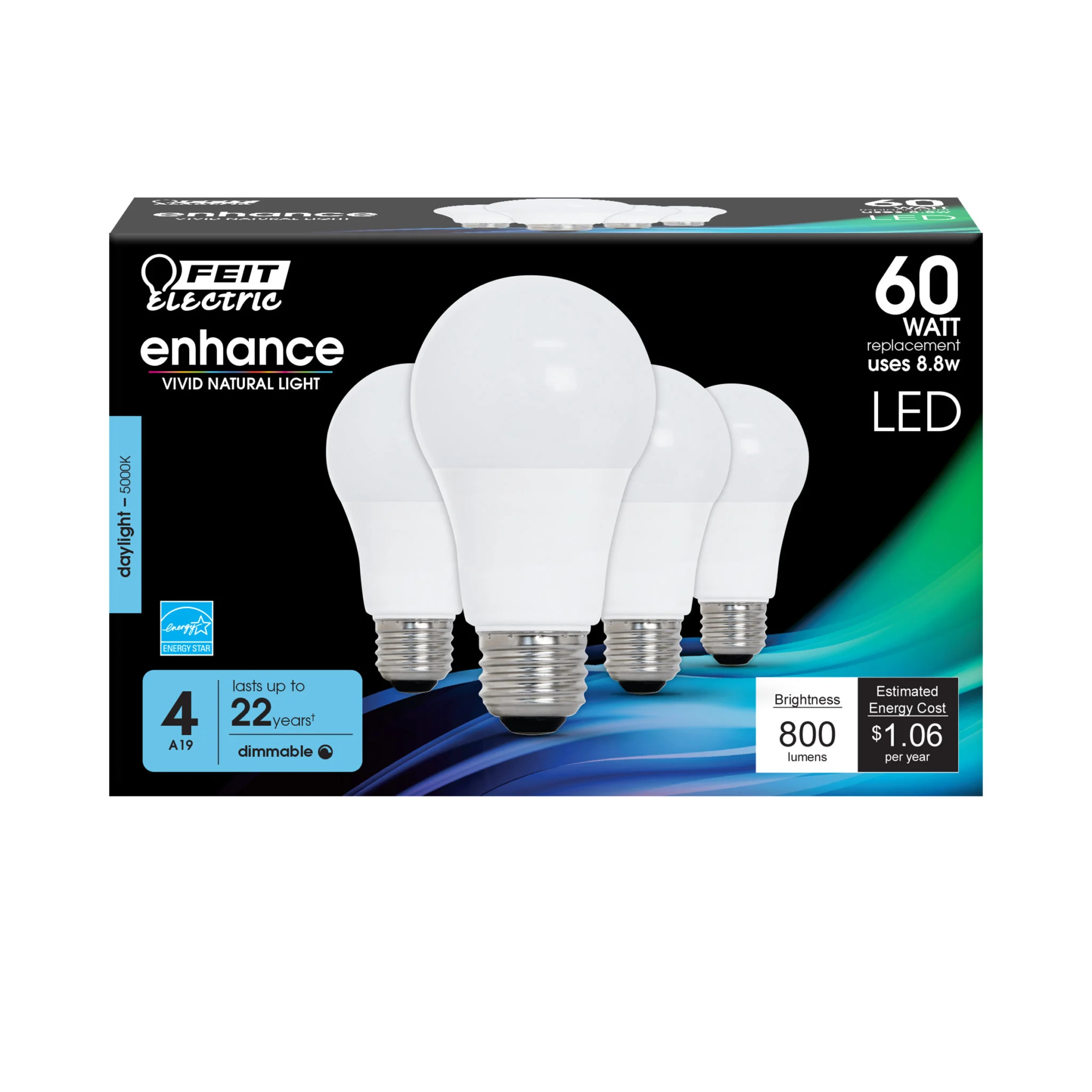 A19 LED Bulb 60W Equivalent Daylight 5000K 800 Lumens Dimmable