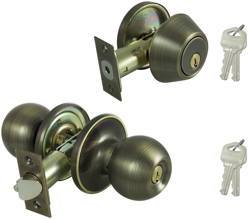 Antique Brass Entry Lockset and Single Cylinder Deadbolt Combo, Keyed Alike