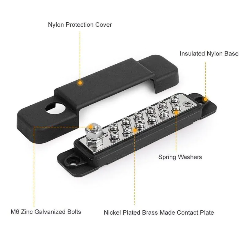 Black 12 Way Power Distribution Block, Terminal Studs, Buss Bar