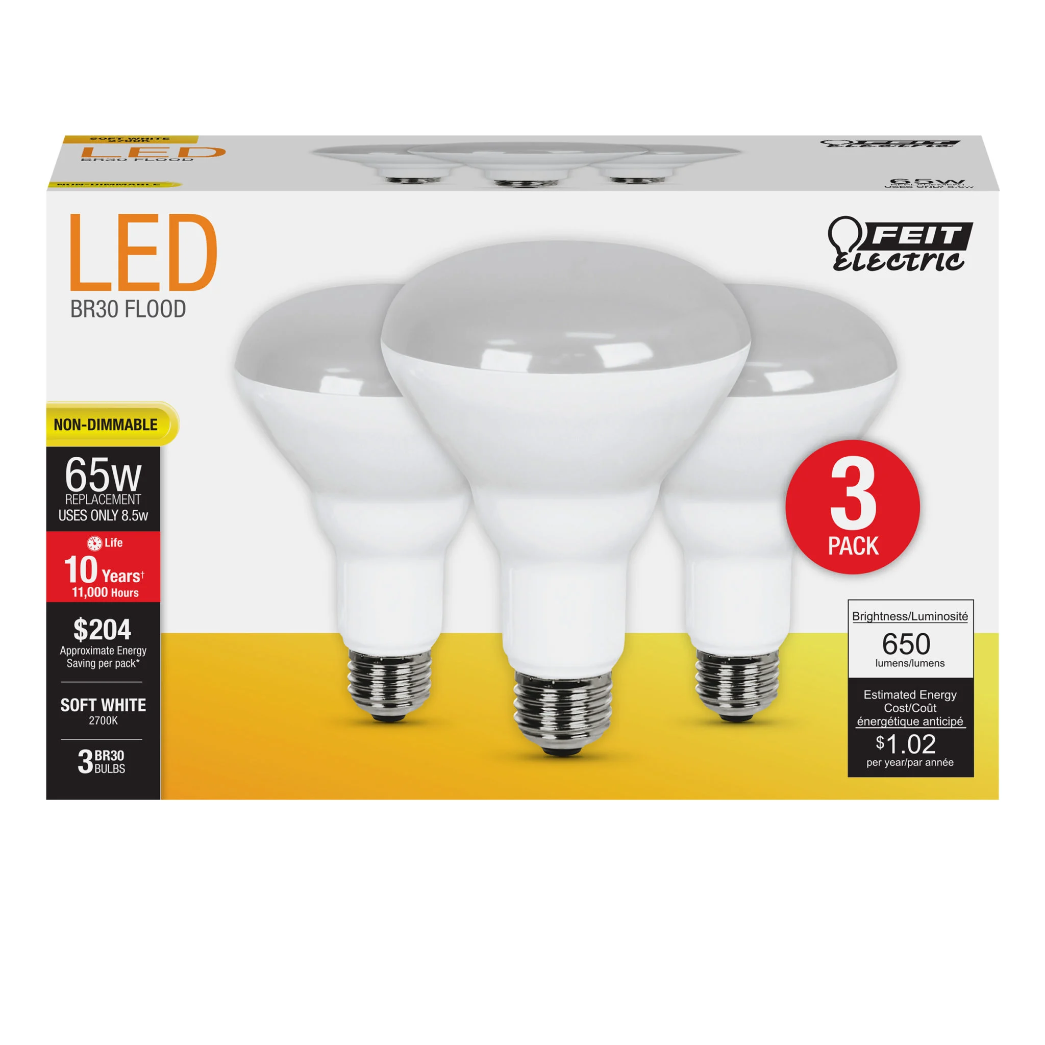 BR30 LED Bulb 8.5W (65W Equivalent) 2700K Soft White E26 3-Pack