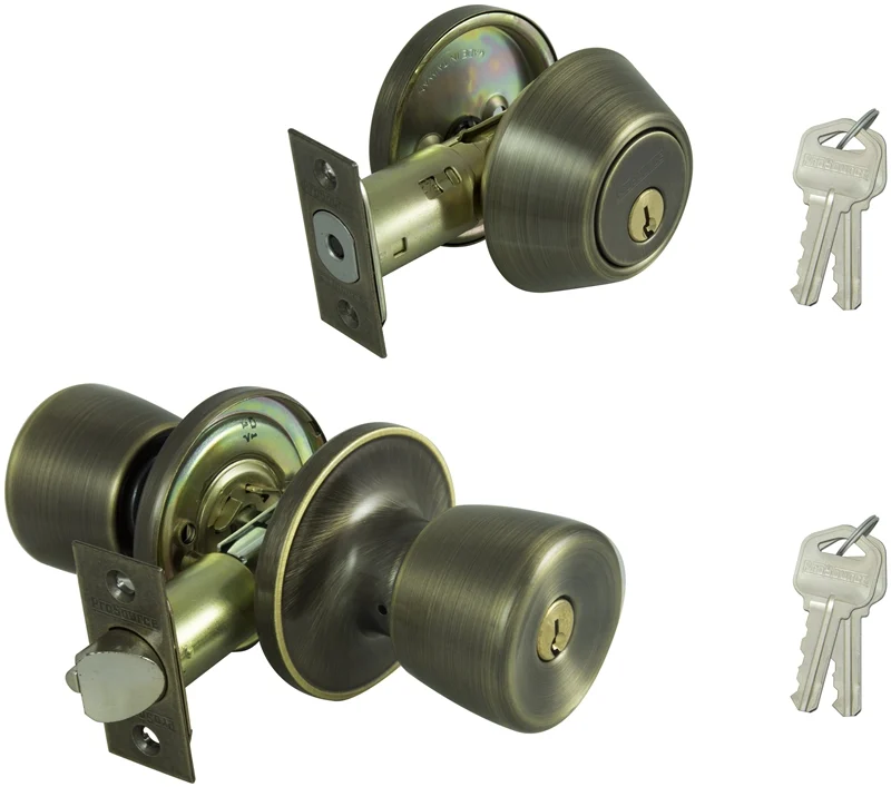 Brass Entry Lockset and Single Cylinder Deadbolt Combo, Keyed Alike