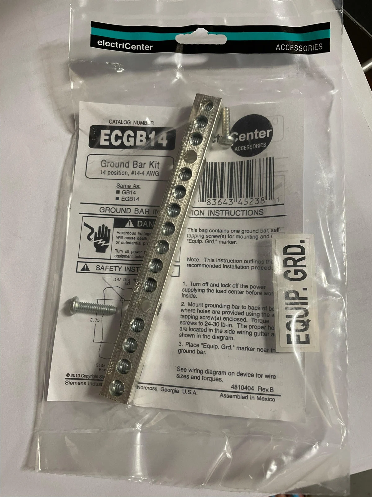 ECGB14 Siemens Ground Bar Kit, 14 Position, Neutral