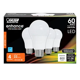 Feit Electric A19 LED Bulb, 60W Equivalent, Soft White, Dimmable, 4-Pack