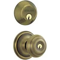 Georgian Keyed Entry Knob and Single Cylinder Deadbolt, Antique Brass