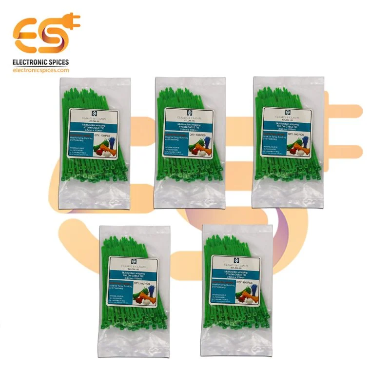 2.5mm x 100mm Green color Multi-purpose Self locking Nylon 66 Industrial grade cable tie pack of 500pcs