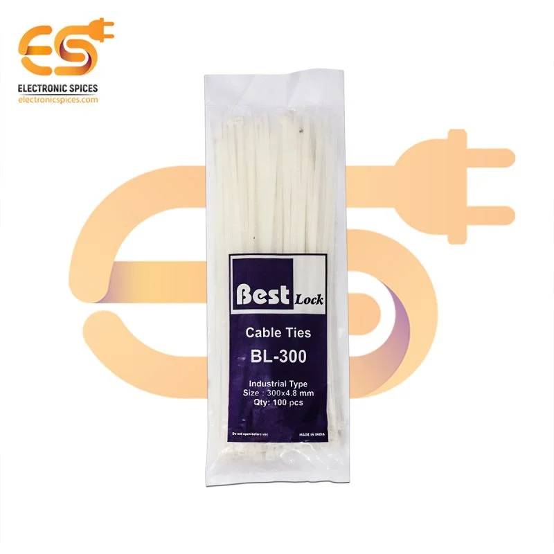 4.8mm x 300mm White color Multi-purpose Self locking industrial grade cable tie pack of 100pcs