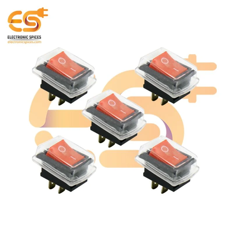 KCD1 6A 250V AC 2 pin SPST red color small plastic rocker switch with cover pack of 5pcs