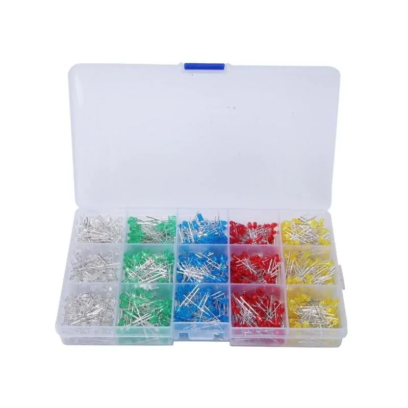 1000Pcs 3mm LED Light White Yellow Red Blue Green Assortment Kit