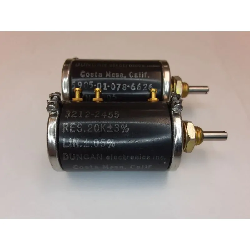 Potentiometer DUNCAN 3212-2455, 5905-01-078-6626 7/8 inch X 1-1/2 inch inch round case, 1/8 inch dia. shaft, 10 turn, precision wirewound 20K Ohm