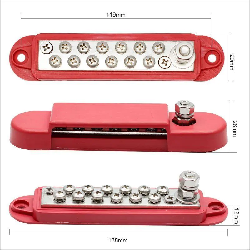 Red 12 Way Power Distribution Block, Terminal Studs, Buss Bar