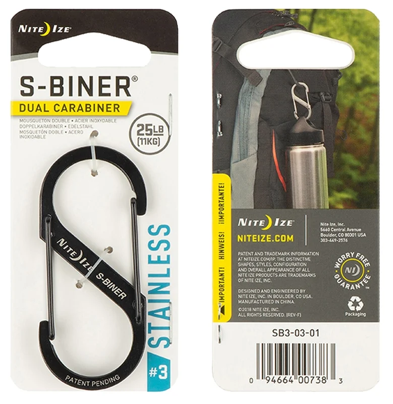 S-Biner #3 Dual Carabiner, Black Stainless Steel Double-Gate Clip